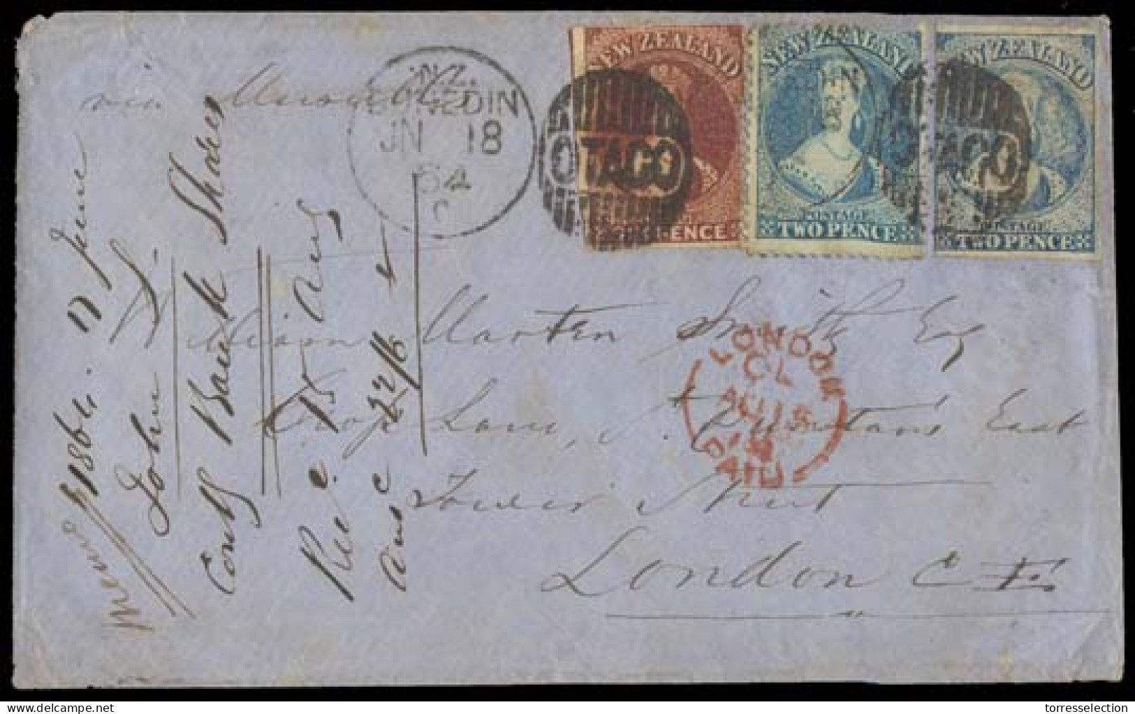 NEW ZEALAND. 1864 (June 18). Otago / Dunedin - UK. Env Frkd 2d Blue Perf + IMPERF + 6d Brown Imperf, Tied Nice Name Gril - Other & Unclassified