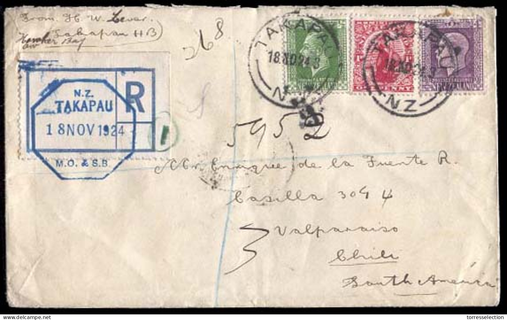NEW ZEALAND. 1924 (18 Nov.). NEW ZEALAND - CHILE. Takapau / Haraker Bay To Valparaiso / Chile (11 Jan. 25). Fine Multico - Other & Unclassified
