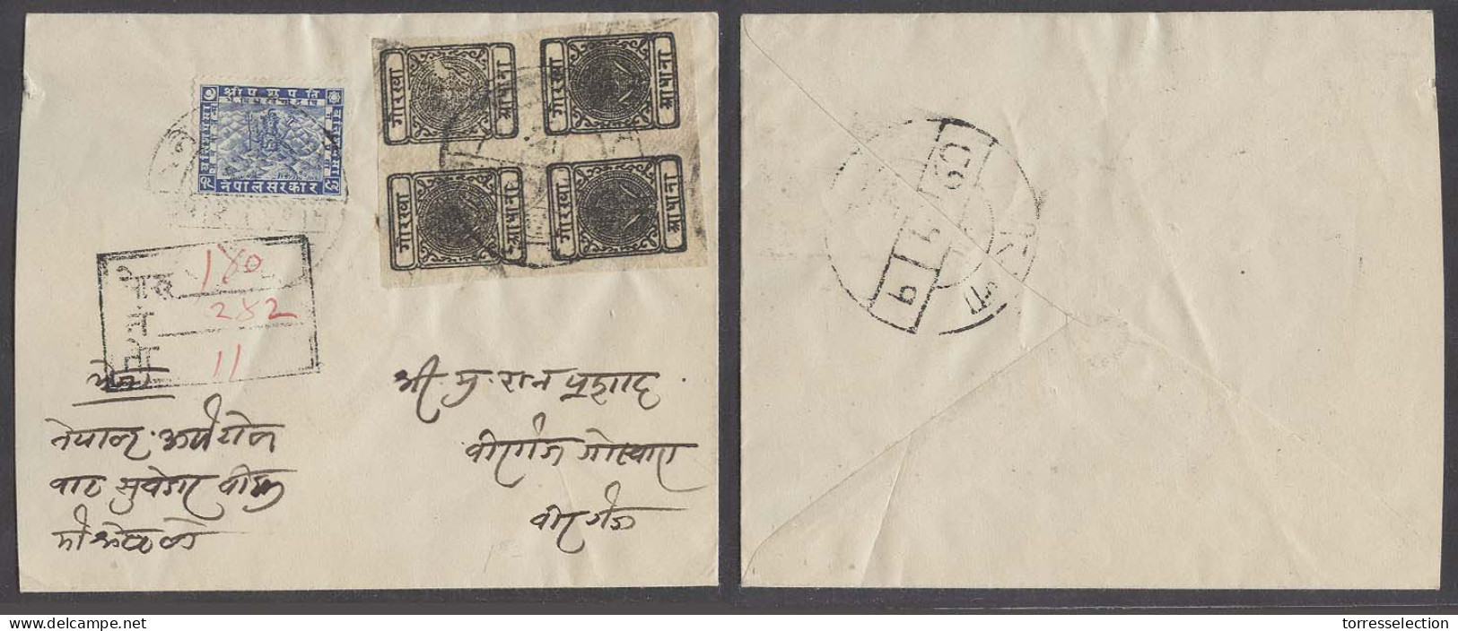 NEPAL. C.1909-29. Local Reg Mixed Issues Env Incl 1/2a Black Imperf On Native Wore Paper Block Of Four Two Tete Beche Pa - Nepal