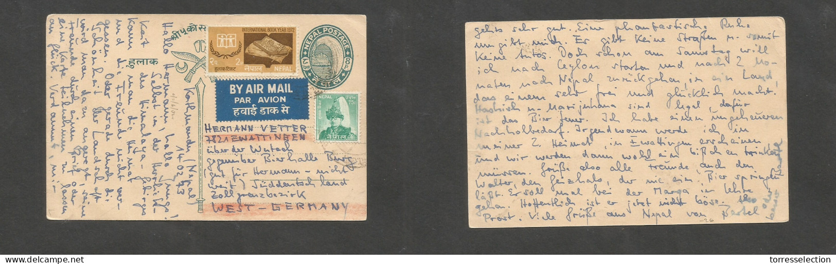 NEPAL. 1973 (14 Febr) Kathmandu - West Germany, Ewattineen. 8p Stat Card + 2 Adtls On Airmail Usage. Fine. - Nepal