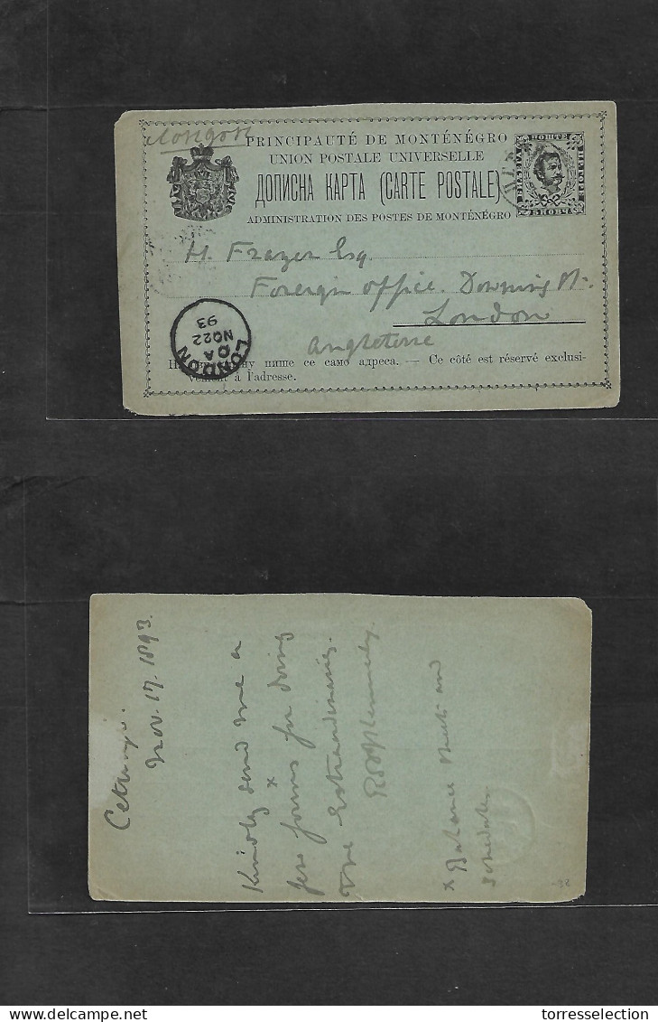 MONTENEGRO. 1893 (17 Nov) Cettinje - London, UK (22 Nov) 5h Black / Greenish Stat Card. Better Used Correct Circulation  - Montenegro