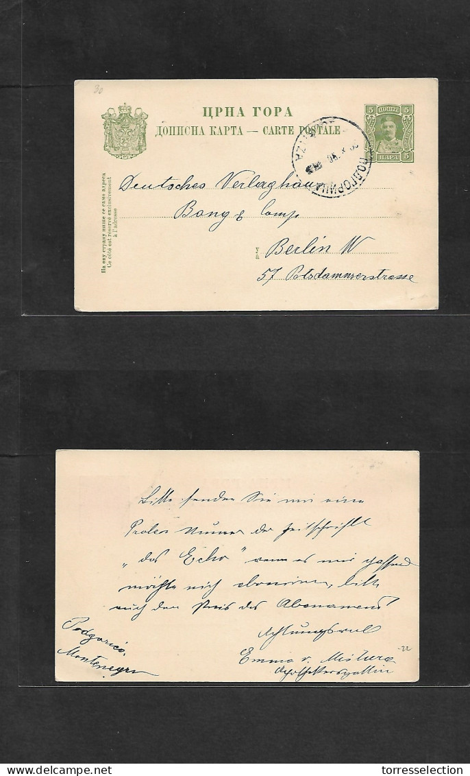 MONTENEGRO. 1895 (30 Oct) Podgoritza - Berlin, 5p Green Stat Card. Comercial Card. Fine Cds. - Montenegro