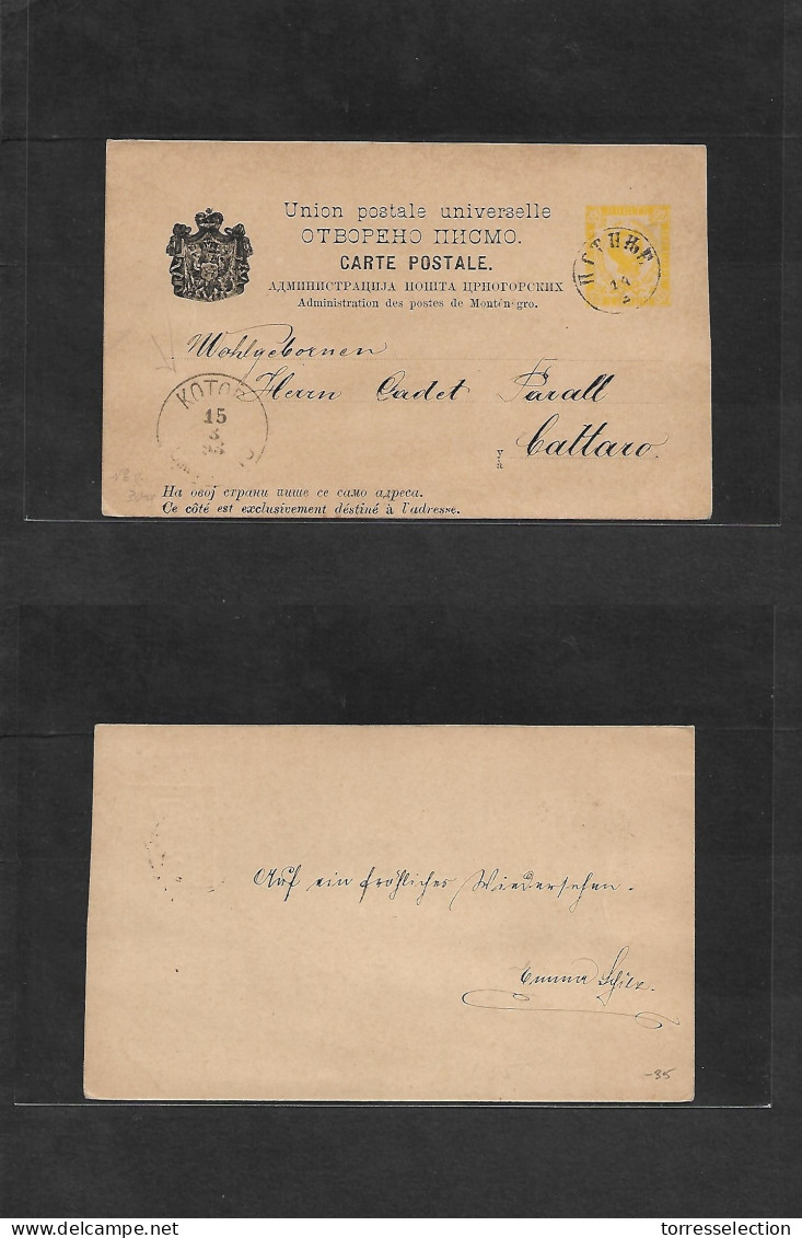 MONTENEGRO. 1893 (14 March) Cettinje - Cattaro (15 March) Local 3p Yellow Stat Card With Message + Arrival Cachet. - Montenegro