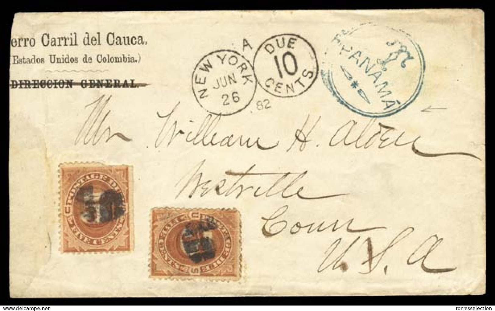 PANAMA. 1882(June 26). Stampless Cover From Railway Company Of Cauca To USA, With Fancy Blue 'T-PANAMA' Handstamp In Blu - Panamá