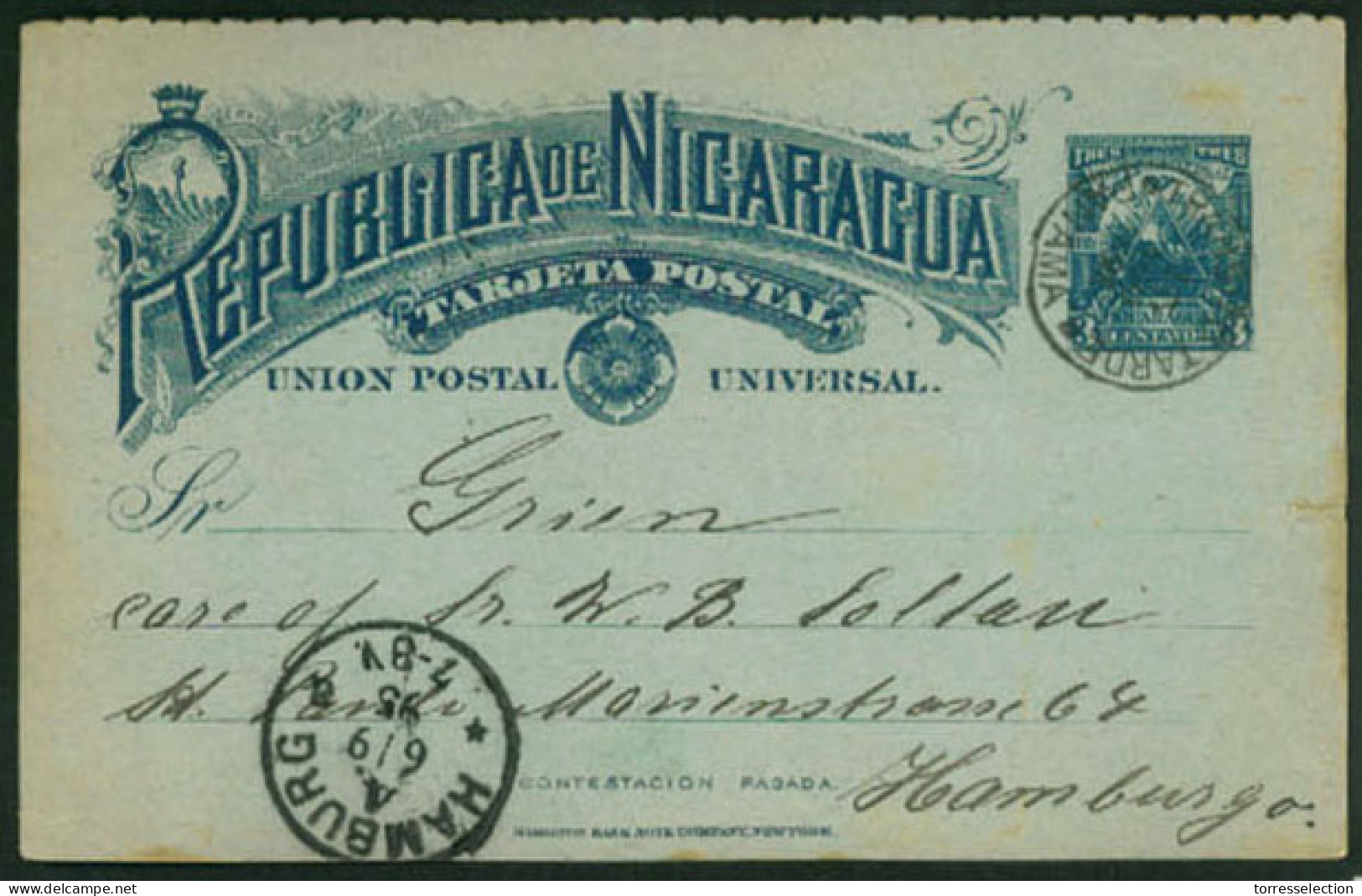 PANAMA. 1895(Aug). NICARAGUA. 3c Blue On Greenish Postal Stationery Card Used To Germany Cancelled By Fine Strike Of Rar - Panamá