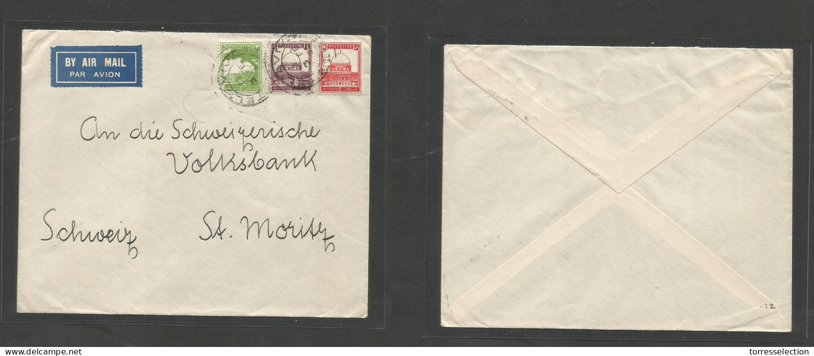 PALESTINE. 1935 (3 Febr) Tel Aviv - Switzerland, St. Moritz. Air Multifkd Tricolor Envelope, Tied Cds. VF Usage. - Palestine