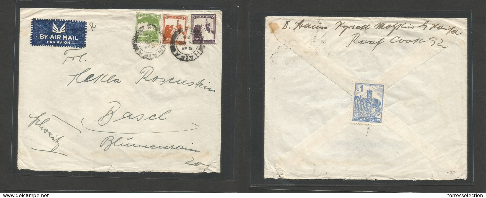 PALESTINE. 1939 (15 March) Haifa - Switzerland, Basel. Air Tricolor Multifkd Env. Fine. - Palestine