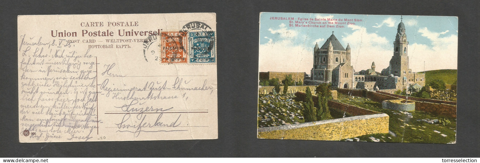 PALESTINE. 1925 (8 May) Jerusalem - Switzerland, Luzern. Multifkd Ppc, Ovptd Values, Cds. St. Maria Mont Zion. - Palestine