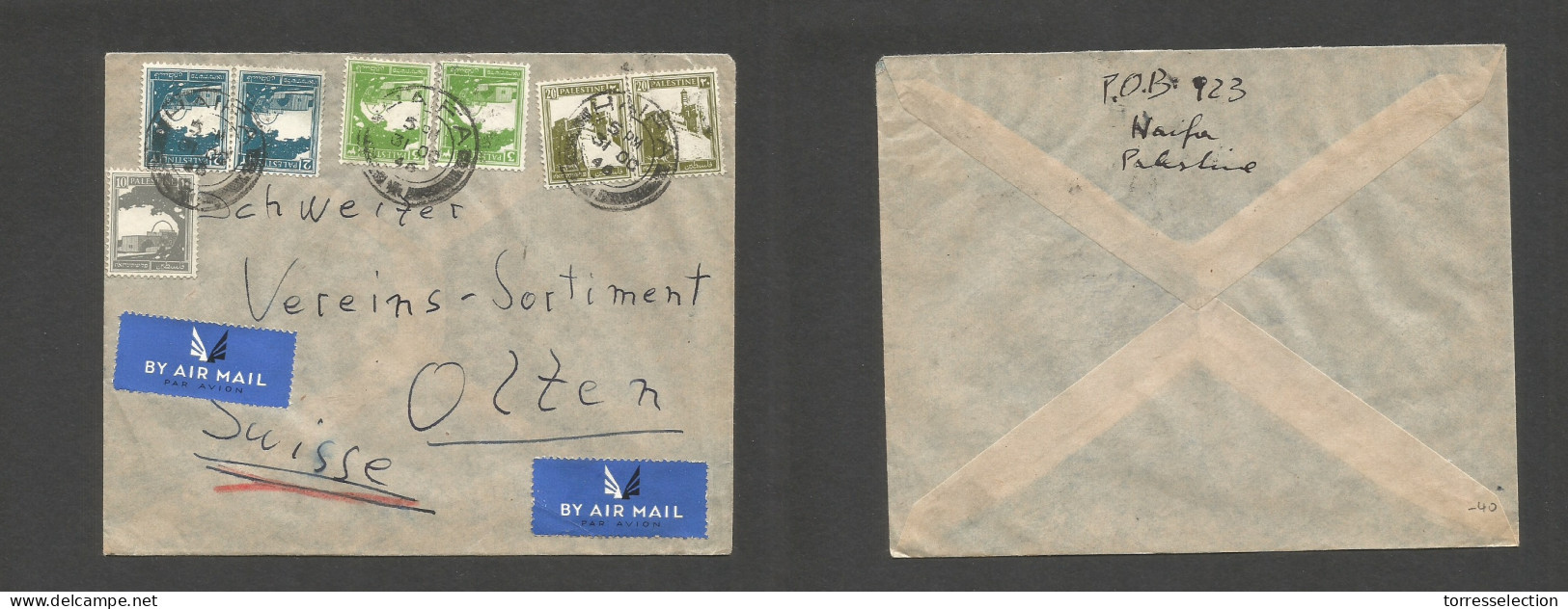 PALESTINE. 1946 (31 Oct) Haifa - Switzerland, Olten. Air Multifkd Env. Fine Used. - Palestine