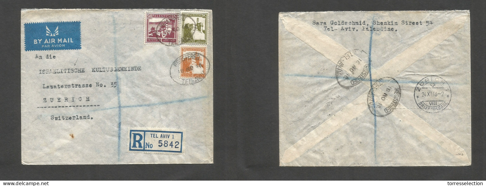 PALESTINE. 1940 (18 Nov) Tel Aviv - Switzerland, Zurich (24 Nov) Air Registered Multifkd Env. Addressed To Israeli Cultu - Palestine