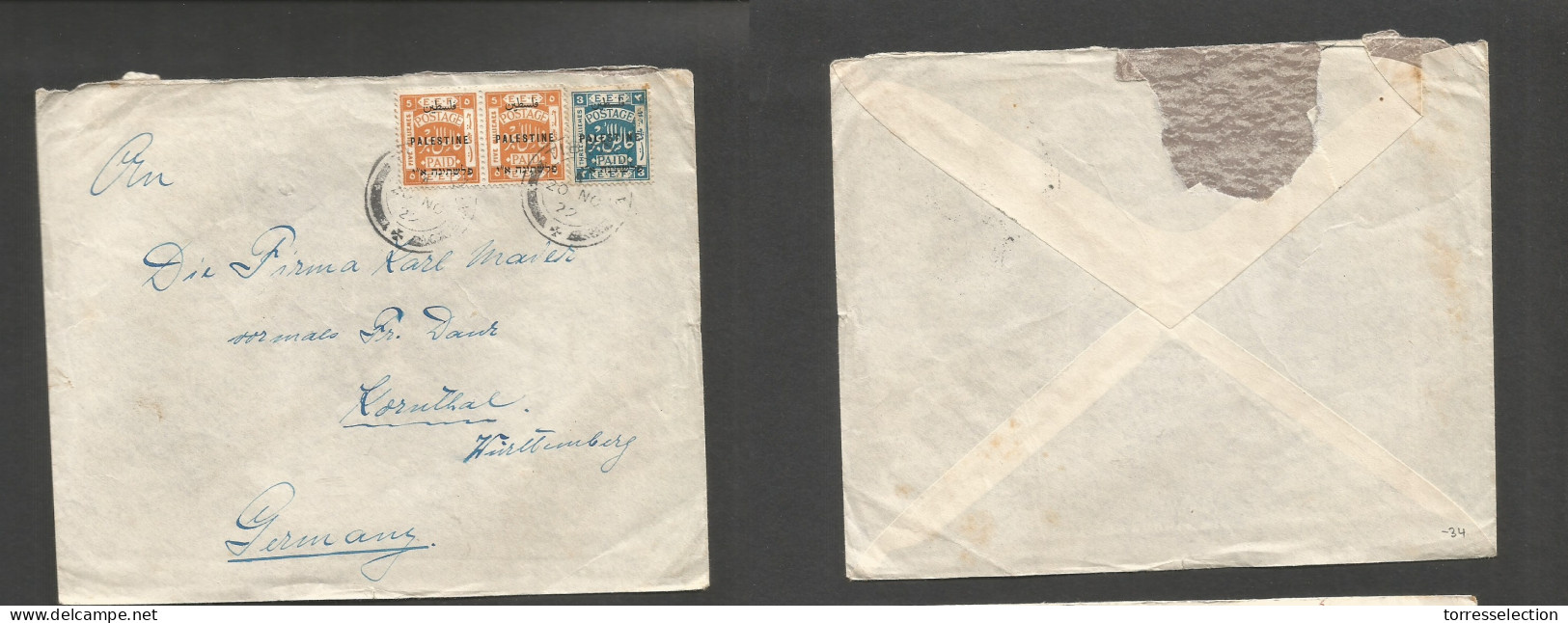 PALESTINE. 1922 (20 Nov) Tiberiades - Germany, Koruthal, Wuttemburg. Ovptd Multifkd Env Cds. Fine. - Palestine