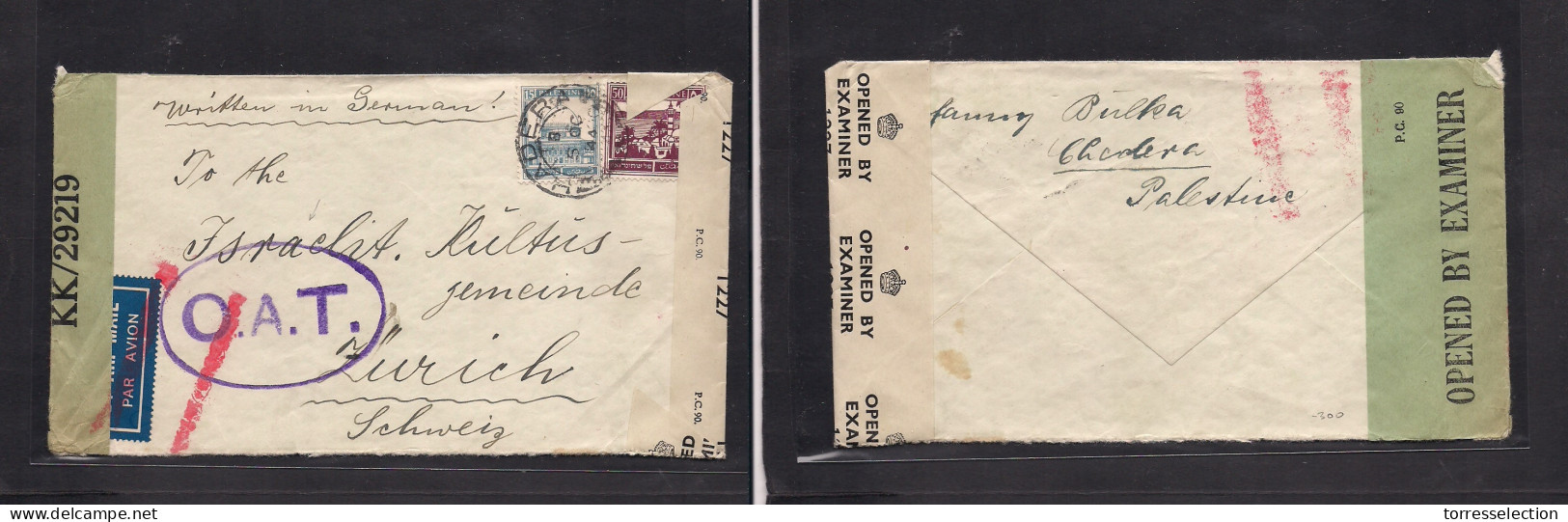 PALESTINE. 1944 (6 Oct) OAT Service. Hadera - Switzerland, Zurich. German Written At 65p Rate Multifkd Envelope, Depart  - Palestine