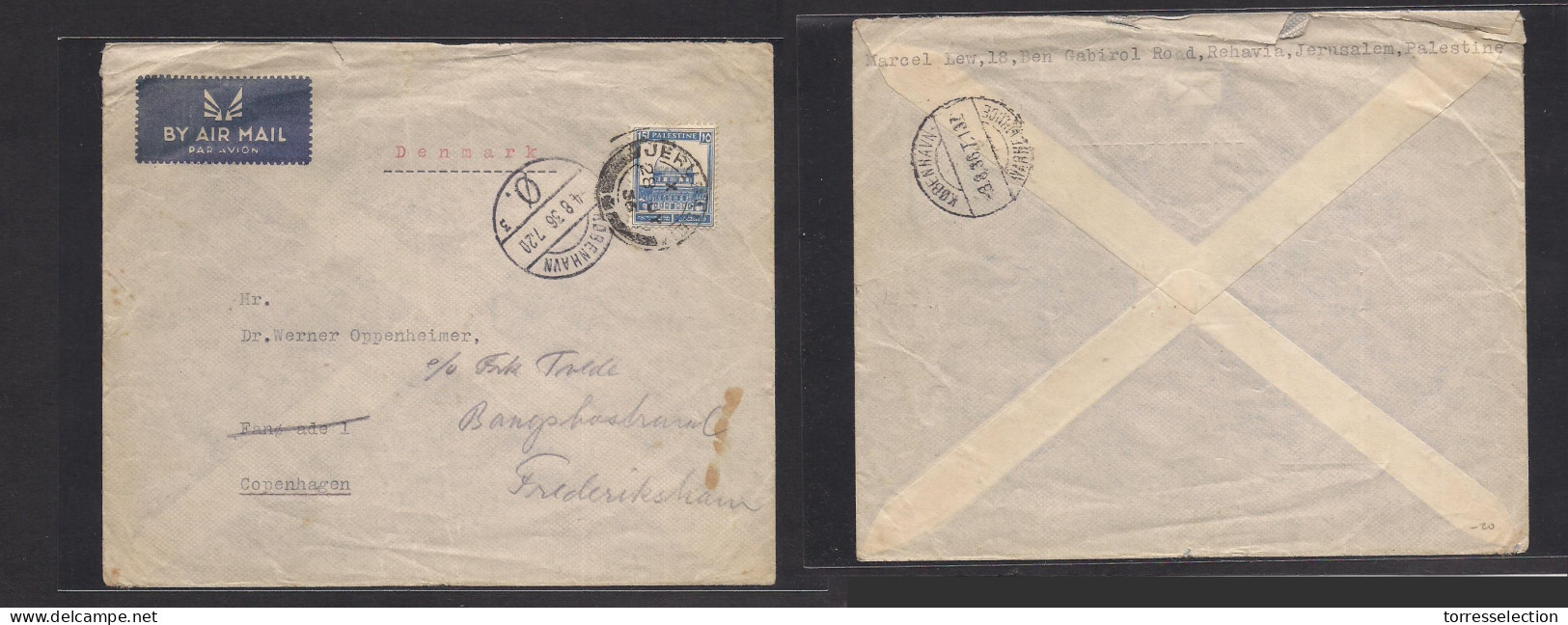 PALESTINE. 1936 (28 July) Jerusalem - Denmark, Cph (4 Aug) Air Single Fkd Env Arrival On Front. Remitent: Marcel Lew, Re - Palestine