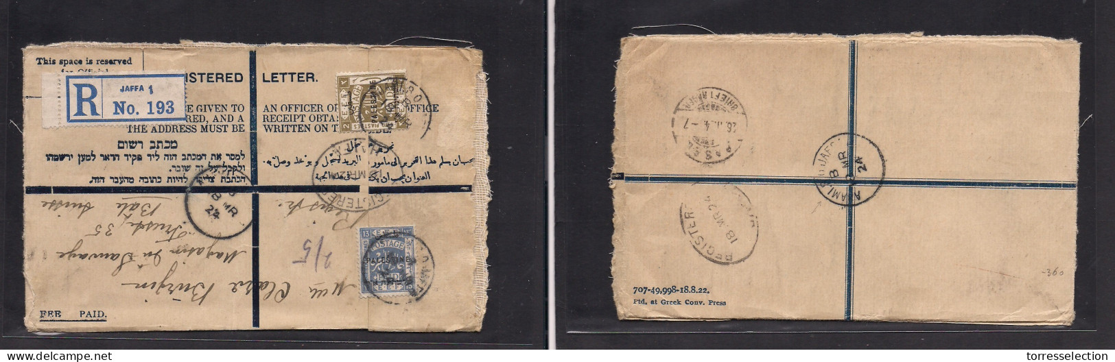 PALESTINE. 1924 (18 March) EEF,. Ajami PO, Jaffa - Switzerland, Basel (26 March) Via Tel Aviv. Registered Letter Post Of - Palestine