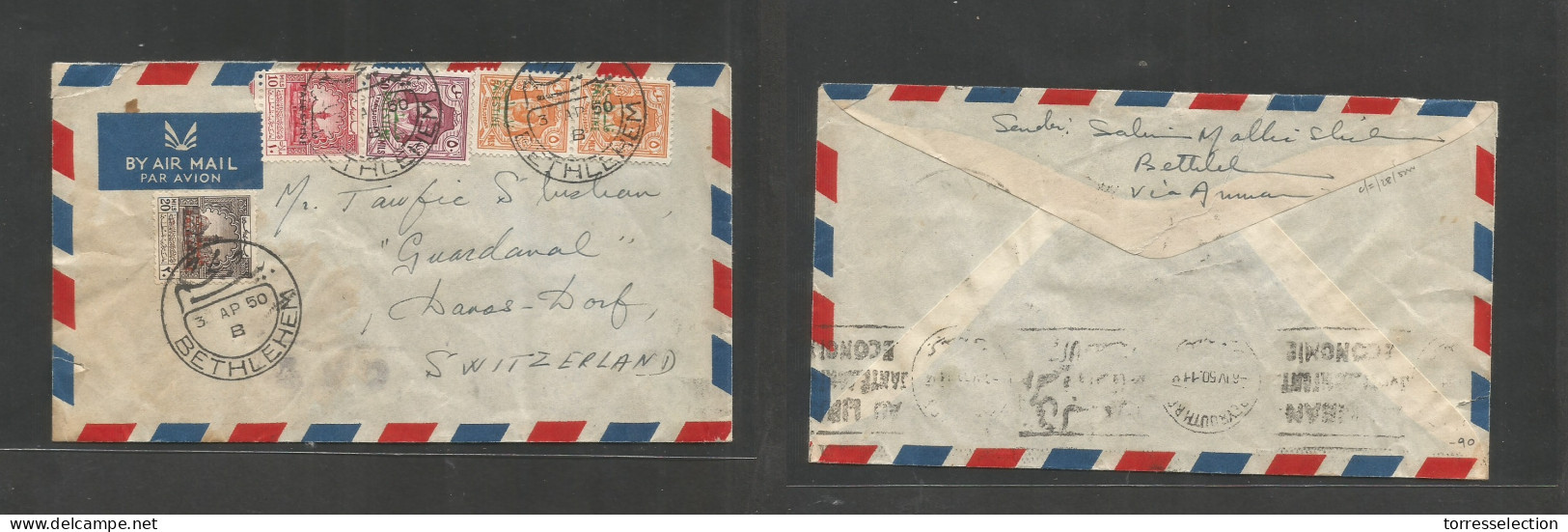 PALESTINE. 1950 (3 Apr) Transjordan Ovptd Issue. Bethelem - Switzerland, Davos. Air Multifkd Envelope. Via Lebanon, Beyr - Palestine