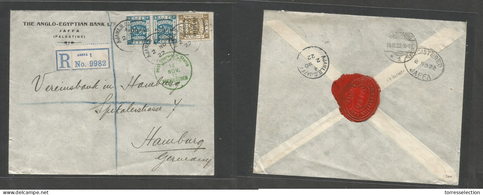 PALESTINE. 1922 (2 Nov) Ajami, BO Daff - Germany, Hamburg (15 Nov) Via Jaffa. Registered Comercial Early Ovptd Issue, Ti - Palestine