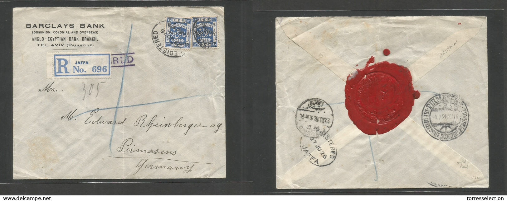 PALESTINE. 1926 (27 June) Jaffa - Germany, Pirmasens (23 July) Ovptd Issue Registered Multifkd Envelope Comercial + 26 M - Palestine