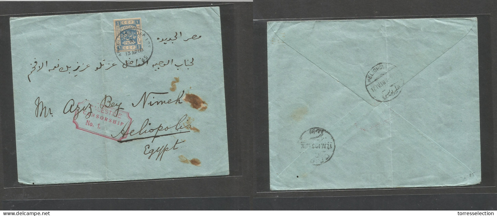 PALESTINE. 1918 (13 Aug) EEF. SZ 45 - Heliopolis, Egypt (17 Apr) Single Fkd 1pi Blue Perce Cds Red Censor Cachet + Rever - Palestine