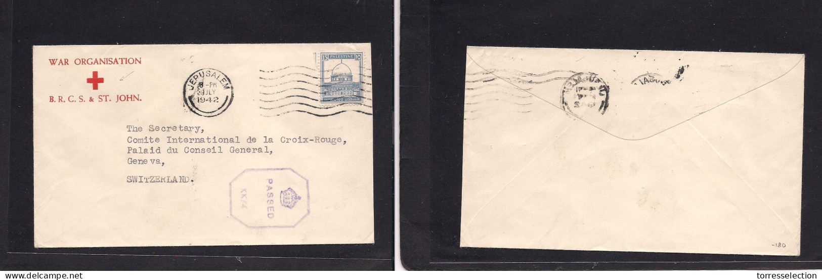 PALESTINE. 1942 (30 July) Jerusalem - Switzerland, Geneva War Organization BRCS & St. John Red Cross Single 15p Blue Fkd - Palestine