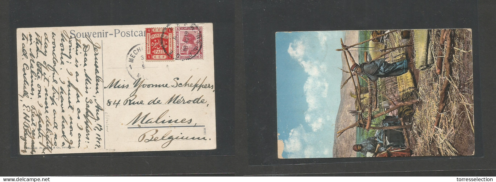 PALESTINE. 1919 (17 Aug) Jerusalem - Belgium, Maling (30 Aug) Mixed EEF + Egypt Fkd Ppc, Tied DETAEEF Arrival Cachet. In - Palestine