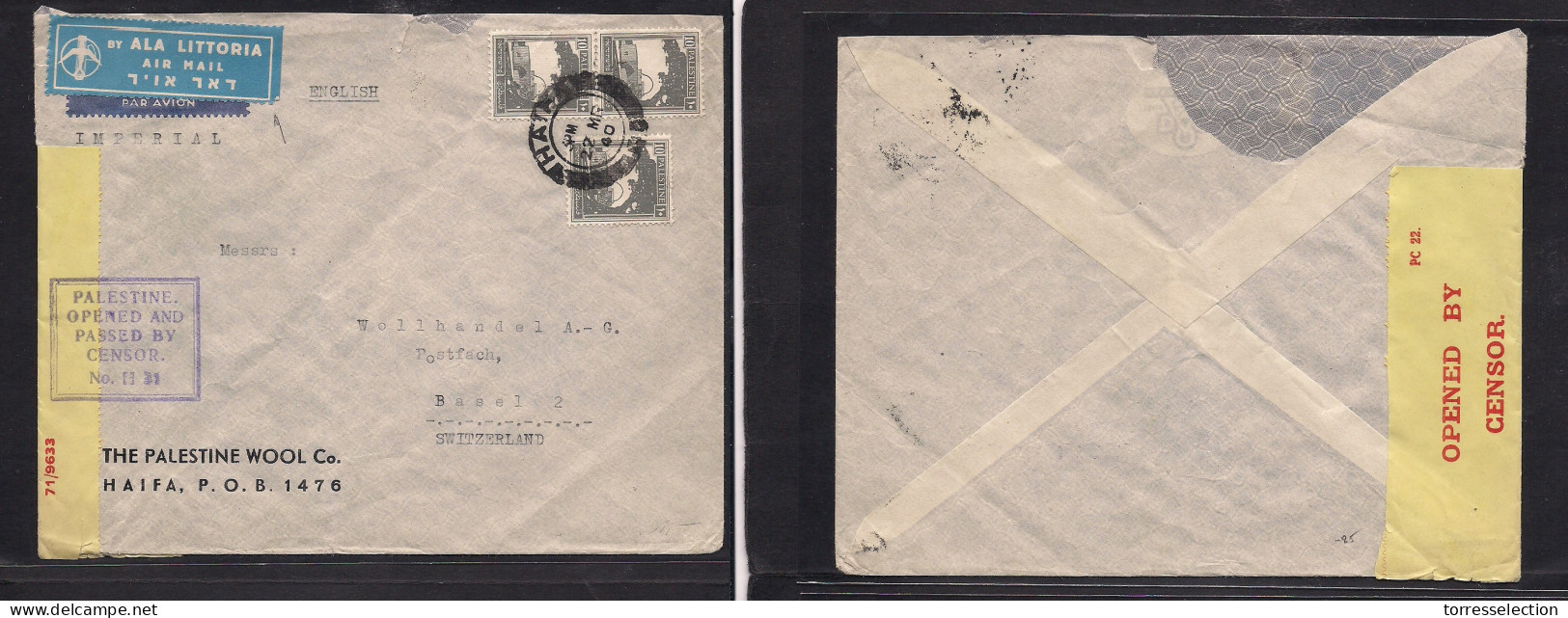 PALESTINE. 1940 (22 March) Haifa - Switzerland, Basel. Multifkd At 30p Rate Ala Littoria Flown Envelope + Yellow Censor  - Palestine