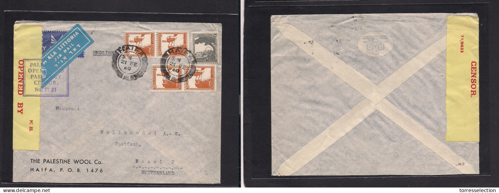 PALESTINE. 1940 (21 Febr) Haifa - Switzerland, Basel. Ala Littoria Italian WWII Airline Service Multifkd Envelope At 30p - Palestine