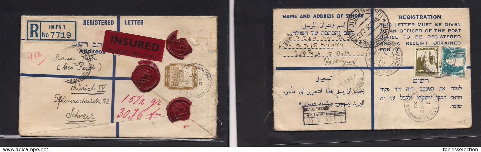 PALESTINE. 1938 (3 Feb) Nadar Ha Carmel - Siwtzerland, Zurich Via Italy Brindisi. Registered Insured Stat Envelope + Adt - Palestine