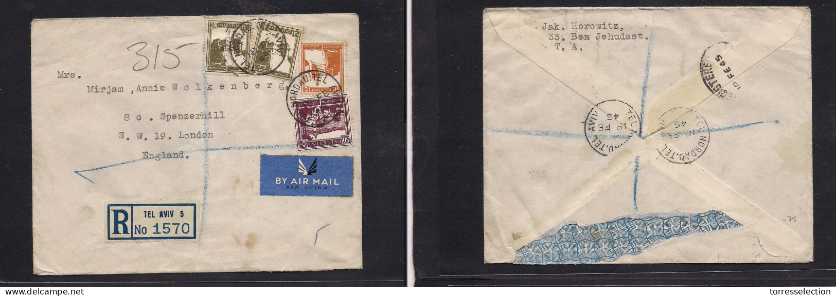 PALESTINE. 1945 (18 Feb) Tel Nordau, TA - England, London. Registered Multifkd Envelope At 95p Rate. Reverse Transited.  - Palestine