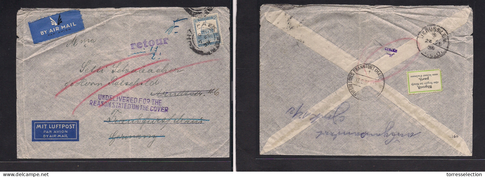 PALESTINE. 1939 (7 Febr) Haifa - Germany, Frankfurt (13 Feb) Fkd Air 15p Envelope Usage + Retour + Label "left Without N - Palestine