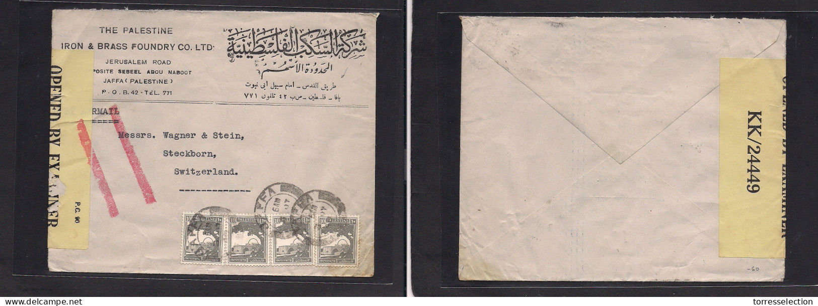 PALESTINE. 1945 (3 July) Jaffa - Switzerland, Steckborn. 40p Rate Multifkd Env, Bilingual Arab - English Comercial Print - Palestine