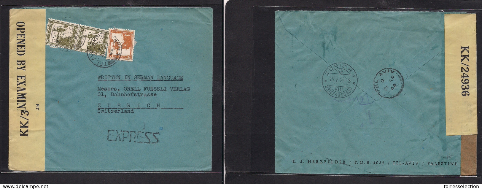 PALESTINE. 1944 (20 Feb) Express Tel Aviv - Switzerland, Zurich. Multifkd 45p Rate Envelope, Depart Palestine KK/3 Yello - Palestine