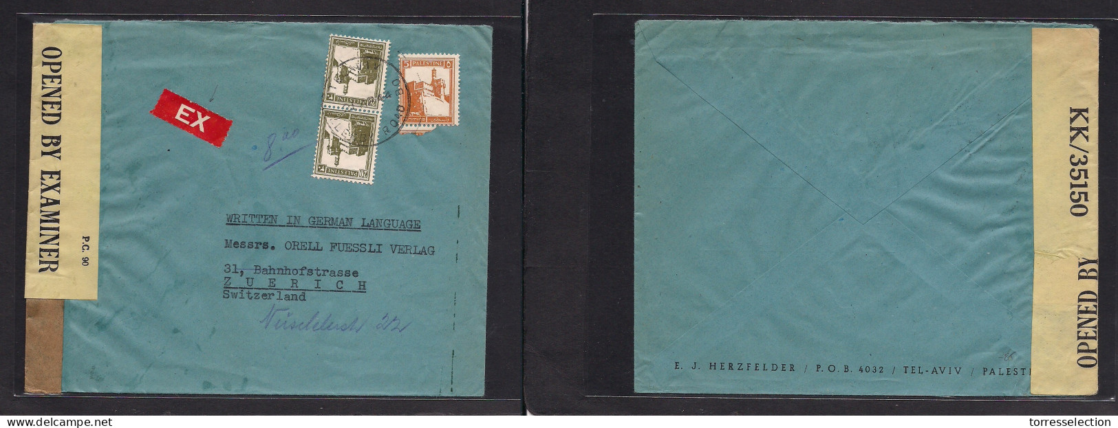 PALESTINE. 1944 (21 Apr) Elenby Rd, TA - Switzerland, Zurich (15 May) Via GPO. Express Mail Service. 45p Rate + Red Labe - Palestina