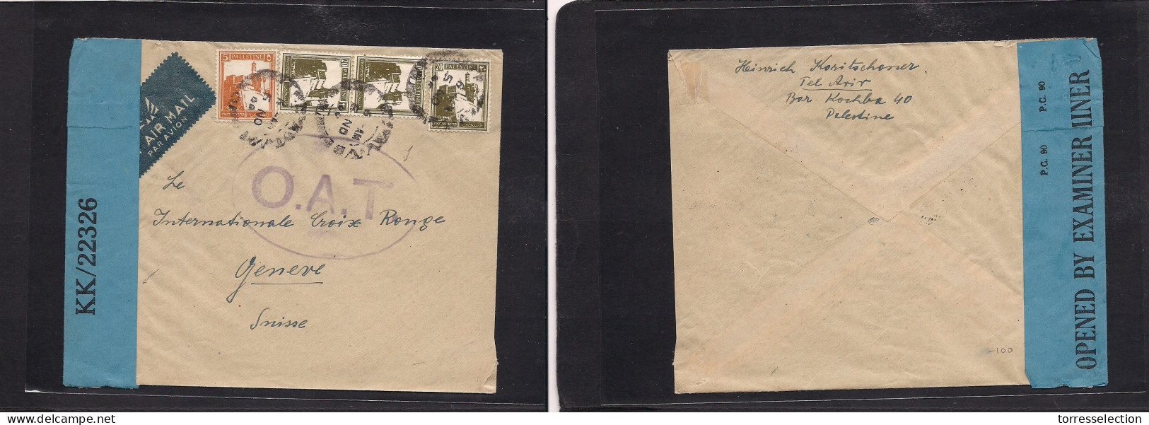 PALESTINE. 1944 (6 Nov) Tel Aviv - Switzerland, Geneve. Air Multifkd Env At 65p Rate, Depart Palestine Blue Censor Label - Palestine