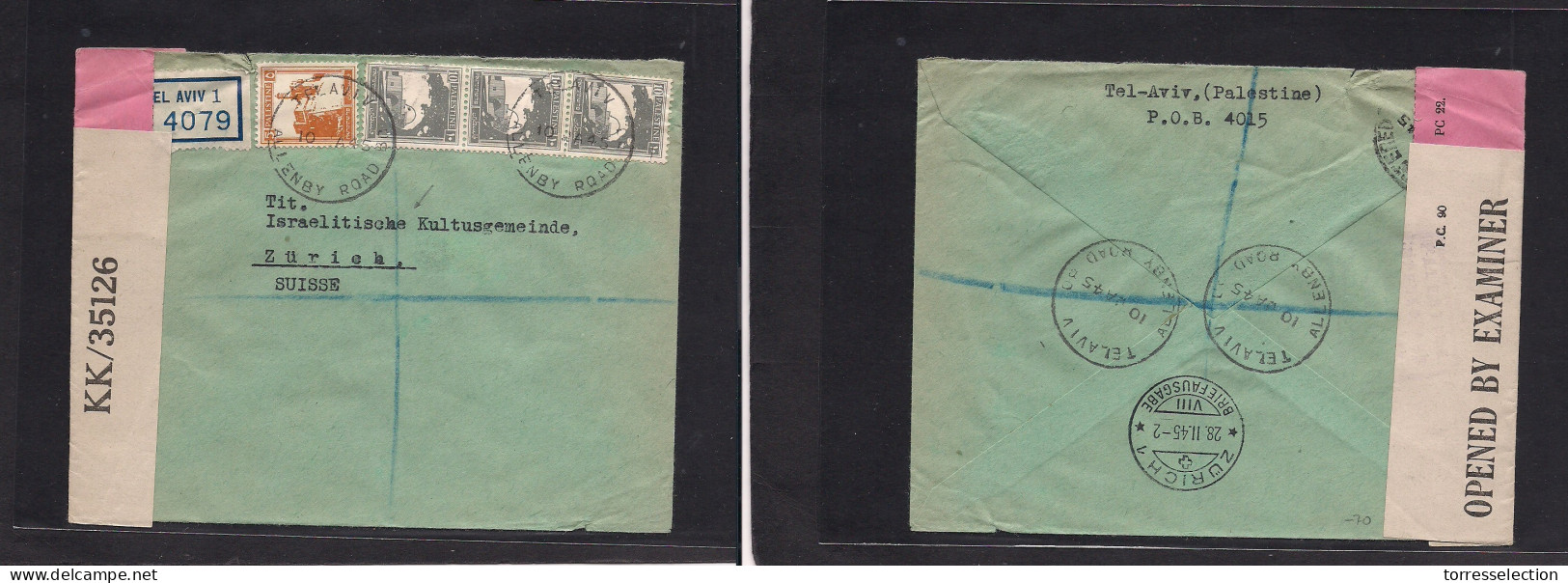 PALESTINE. 1945 (10 Jan) Allenby Rd, TA - Switzerland, Zurich (28 Febr) Registered Depart Multifkd Env Tied Cds. VF Usag - Palestine