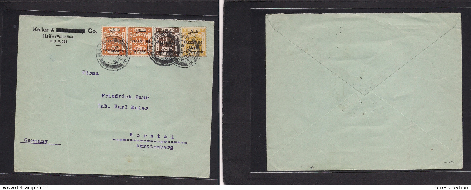 PALESTINE. 1922 (26 Nov) Haifa - Germany, Korutal, Wurttemberg. Tricolor Multifkd Env, Ovptd Values At 13p Rate. - Palestine