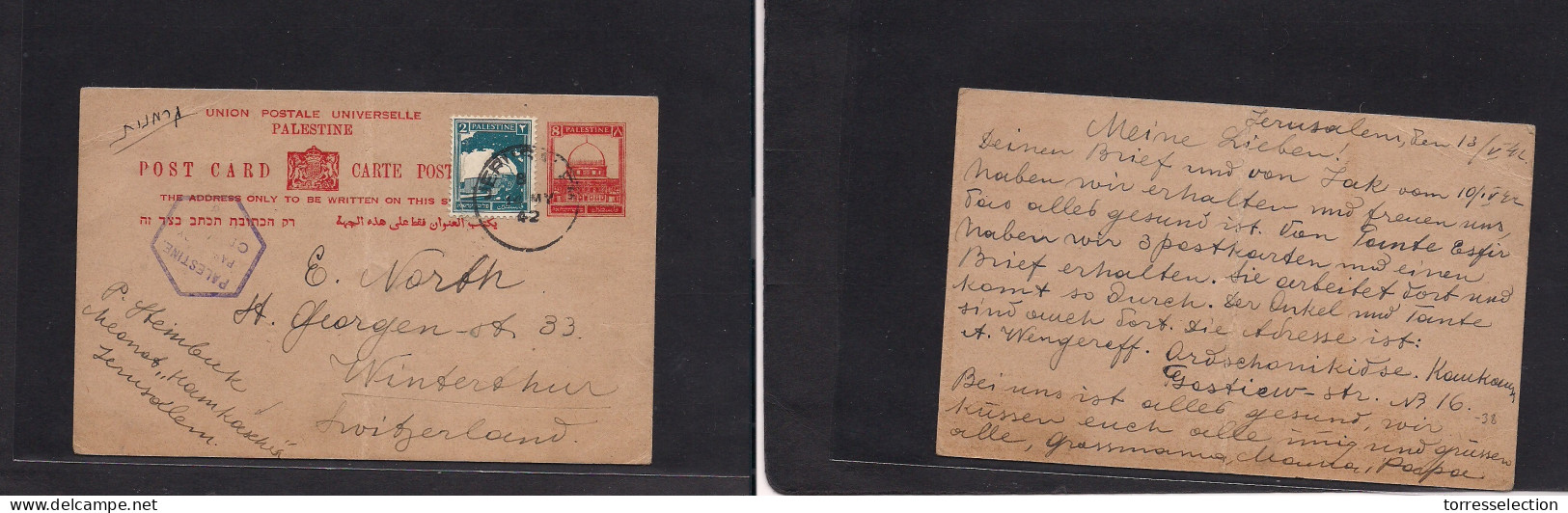 PALESTINE. 1942 (13-14 May) Jerusalem - Switzerland, Winterthur. 8p Red Air Stat Card + 2p Adtl, Tied Cds + Censored. Fi - Palestine
