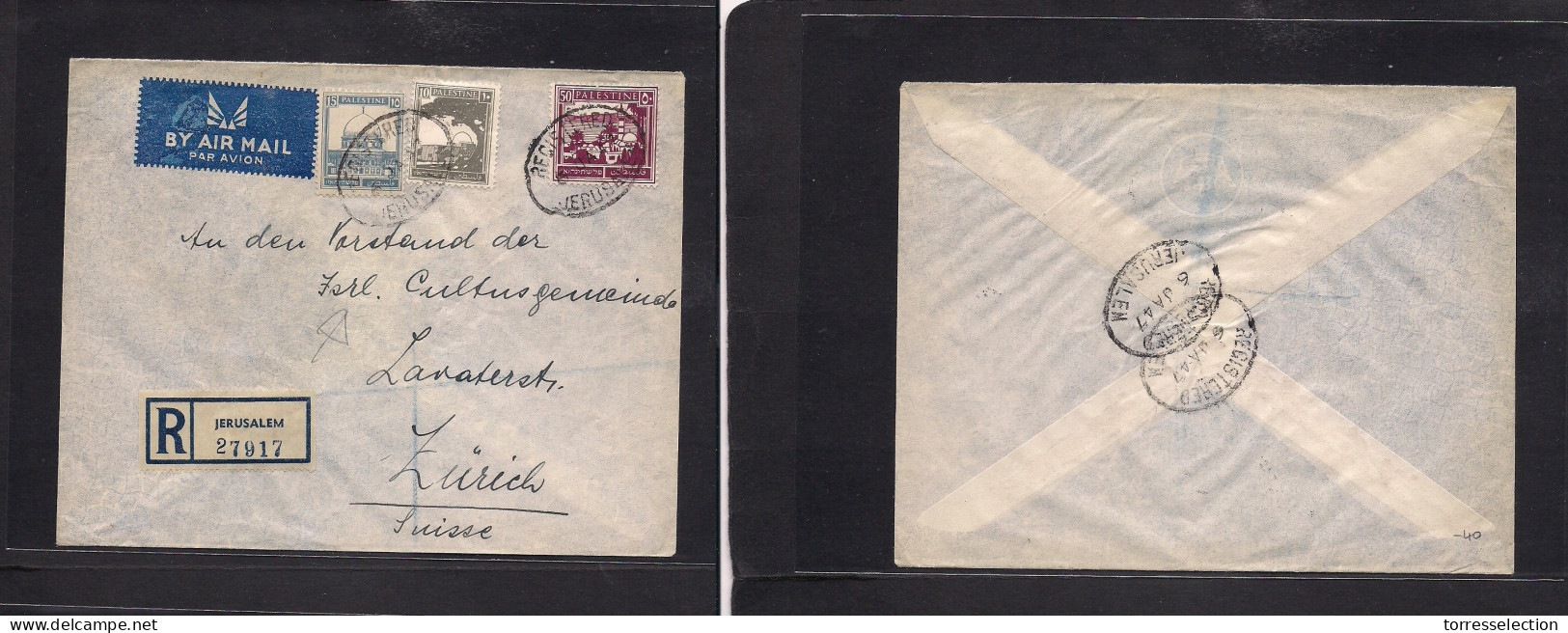 PALESTINE. 1947 (6 Jan) Jerusalem - Zurich, Switzerland. Registered Multifkd Env At 75p Rate. Adressed To Israel Culture - Palestine