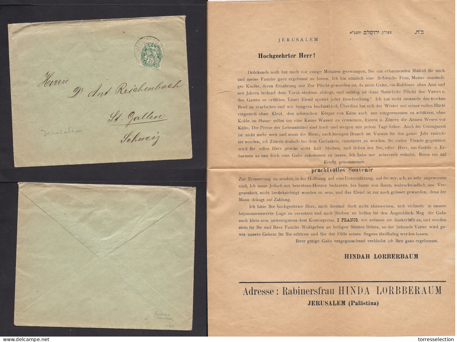 PALESTINE. C. 1905. French Levant. Jerusalem - Switzerland, St. Gallen. Unsealed 5c Green Fkd Envelope With Contains. In - Palestine