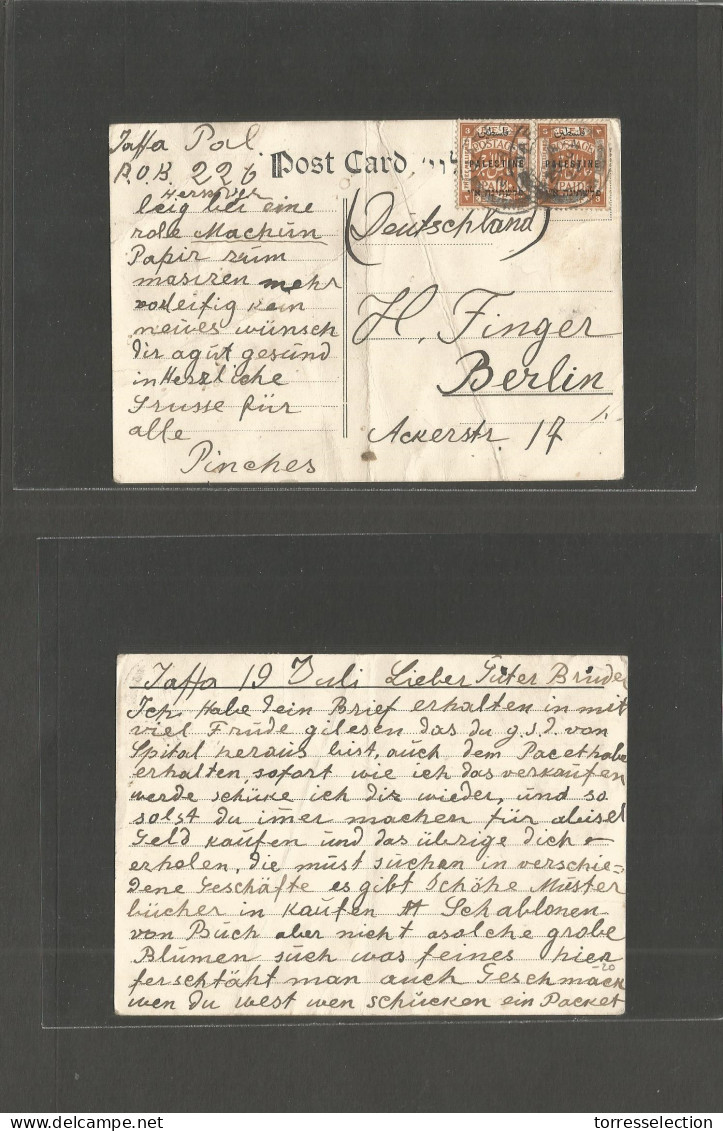 PALESTINE. 1922 (20 July) Jaffa - Germany, Berlin. Private Business Card Fkd Ovptd Issue. - Palestine