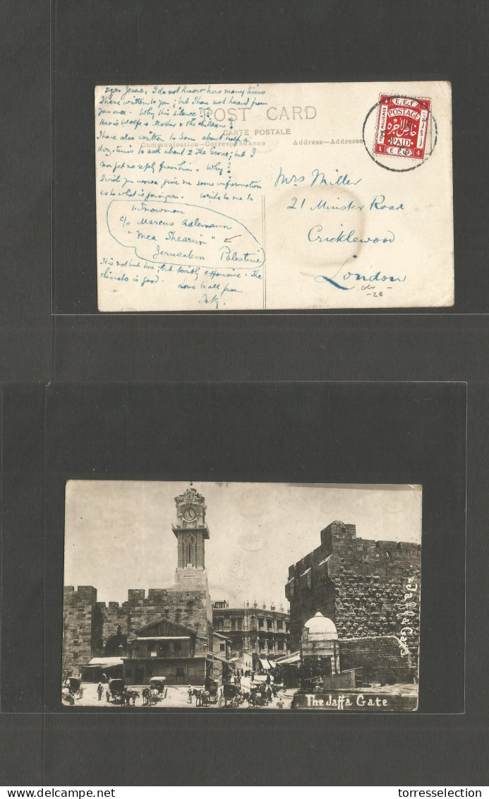 PALESTINE. 1920 (6 Aug) Mea Shearir - UK, London Single EEF Fkd Card. Jerusalem Sub-office. - Palestine