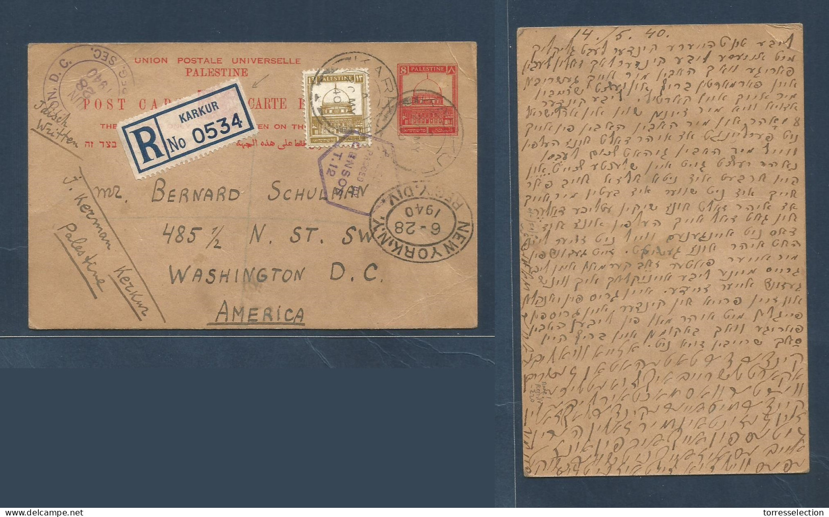 PALESTINE. 1940 (20 May) Karkur - USA, Washington DC (28 June) Registered 8p Red Stationary Card + BP Adtl + Censored +  - Palestine