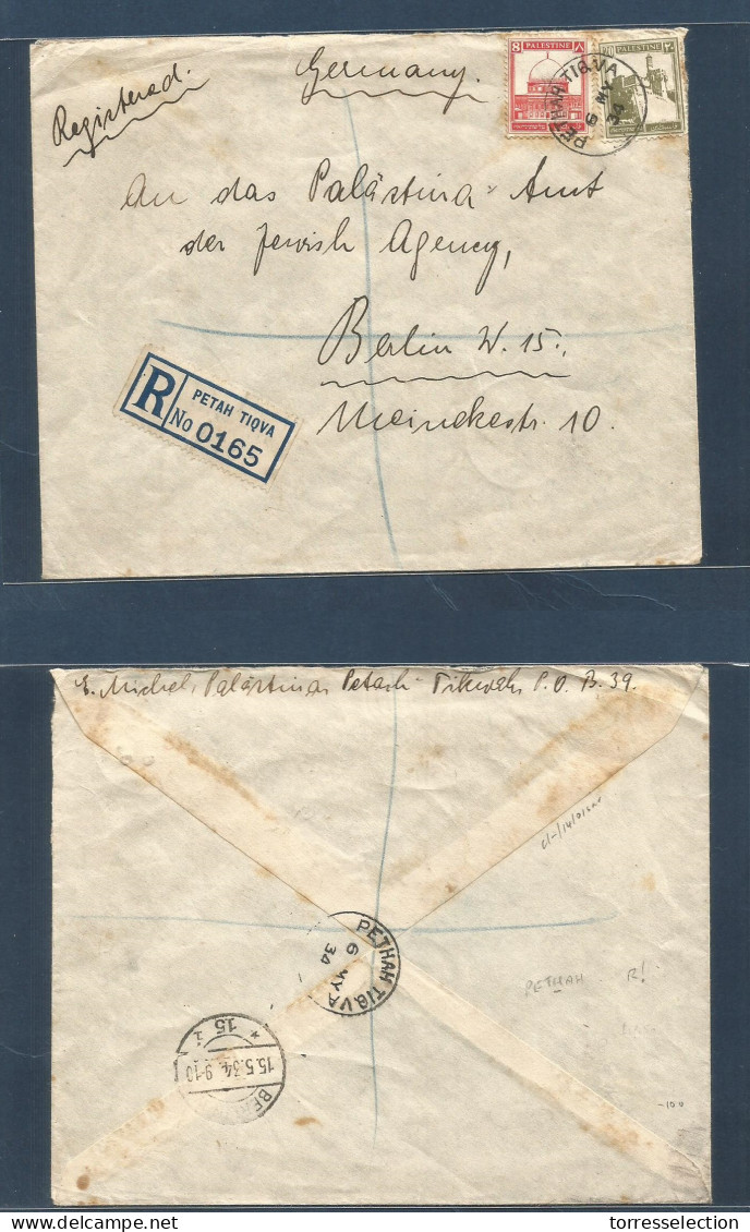 PALESTINE. 1934 (6 May) Petah Tigra - Germany, Berlin (15 May) Registered Fkd Env At 28 P Rate, Cds. VF. - Palestine