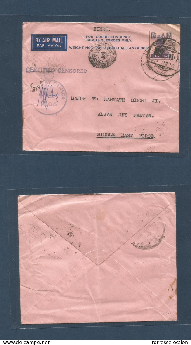 PALESTINE. 1943 (14 March) FPO 114/406. 8 Annas India Stationary Airmail Envelope On Censored Usage To Alwan Jey Paltan, - Palestine