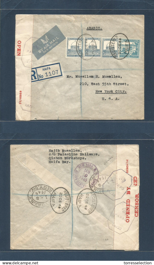 PALESTINE. 1944 (20 Dec) Haifa - USA, NYC (8-9 Jan 45) Registered Air Multifkd Palestine Censored Envelope 145 P Rate Us - Palestine