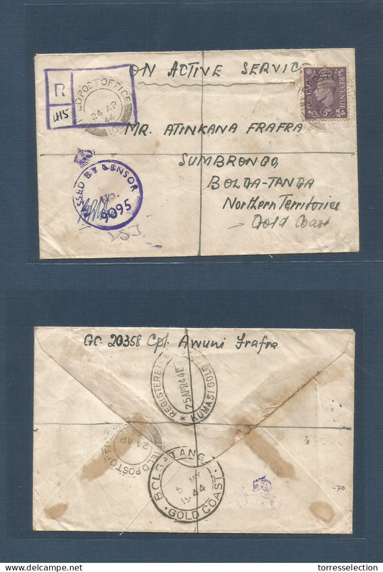 PALESTINE. 1944 (24 Apr) FPO 106 - Gold Coast, Northern Territories, Sumbrongo, Bolga - Tanga (5 May). Registered OAS /  - Palestine