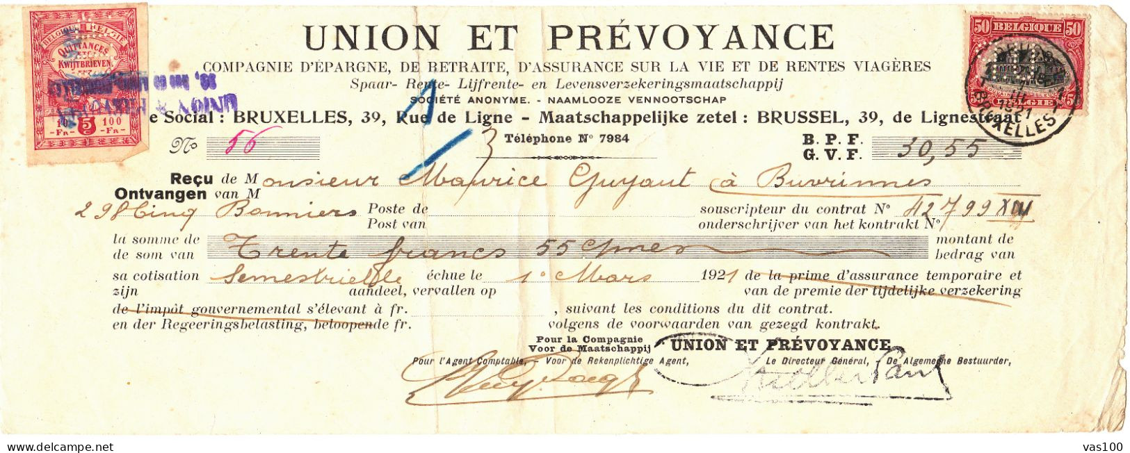 UNION ET PREVOYANCE SOCIETE ANONYME , 2X STAMPS PERFINS,PERFORE 1921 BELGIUM - 1909-34