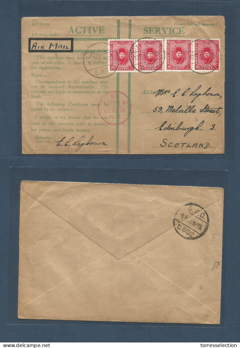 PALESTINE. 1940 (17 Feb) MPO / E. 603 - Scotland, Edinburg. Airmail Multifkd OAS Envelope + Censored Reverse. E - 602. M - Palestine