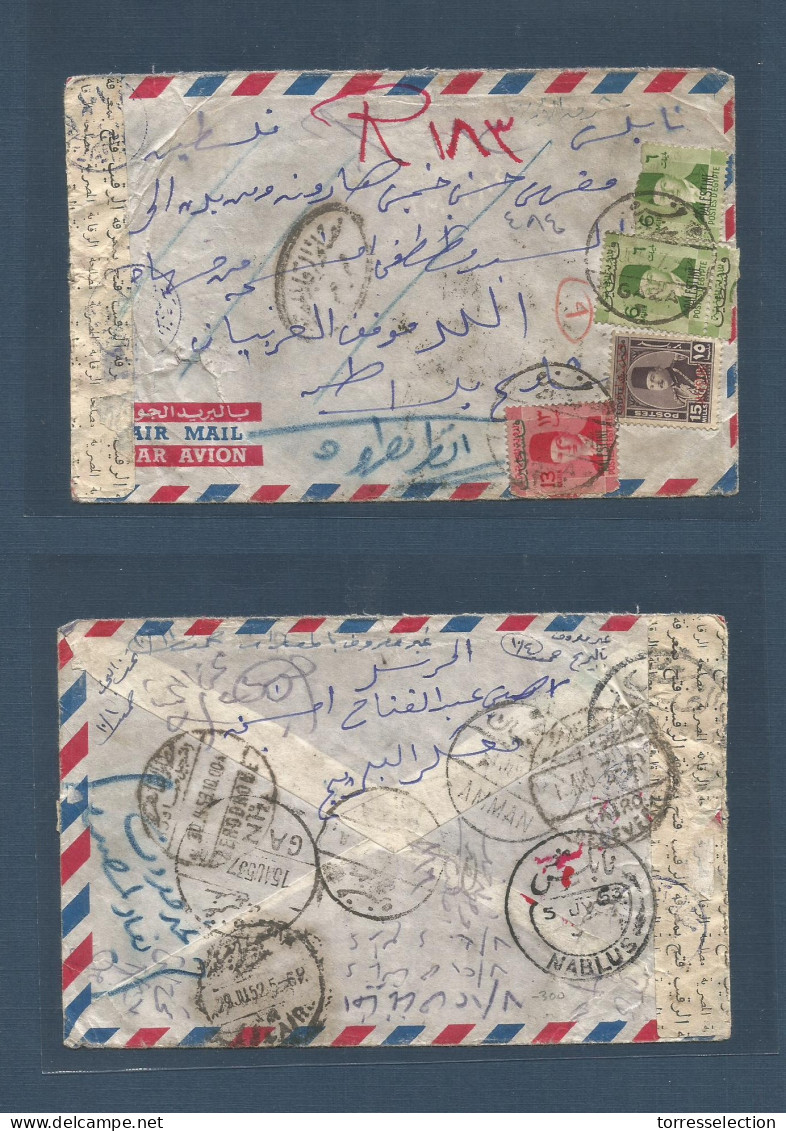 PALESTINE. 1953 (29 July) Gaza - Nablus - Cairo - Amman - TransJordan. Air Censored Multifkd Envelope At 40 Ms Rate. PAL - Palestine