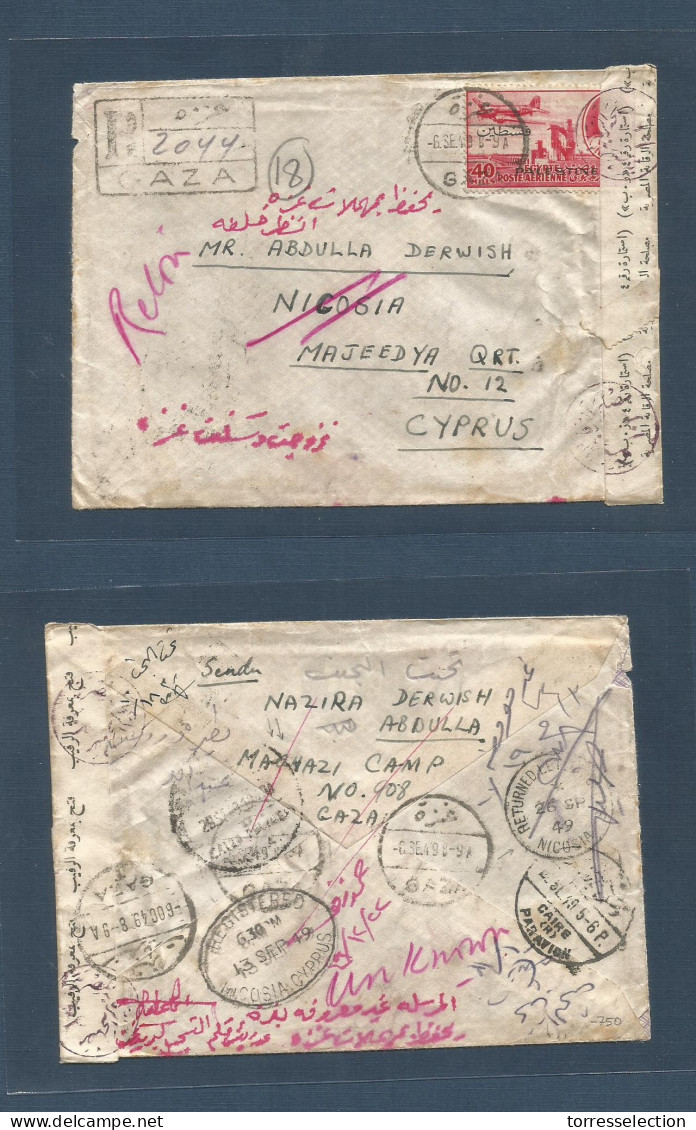 PALESTINE. 1949 (6 Sept) Gaza - Cyprus, Nicosia, Majeedya Quarter Nr 12. PALESTINE Ovptd Issue. Registered Censored Fkd  - Palestine