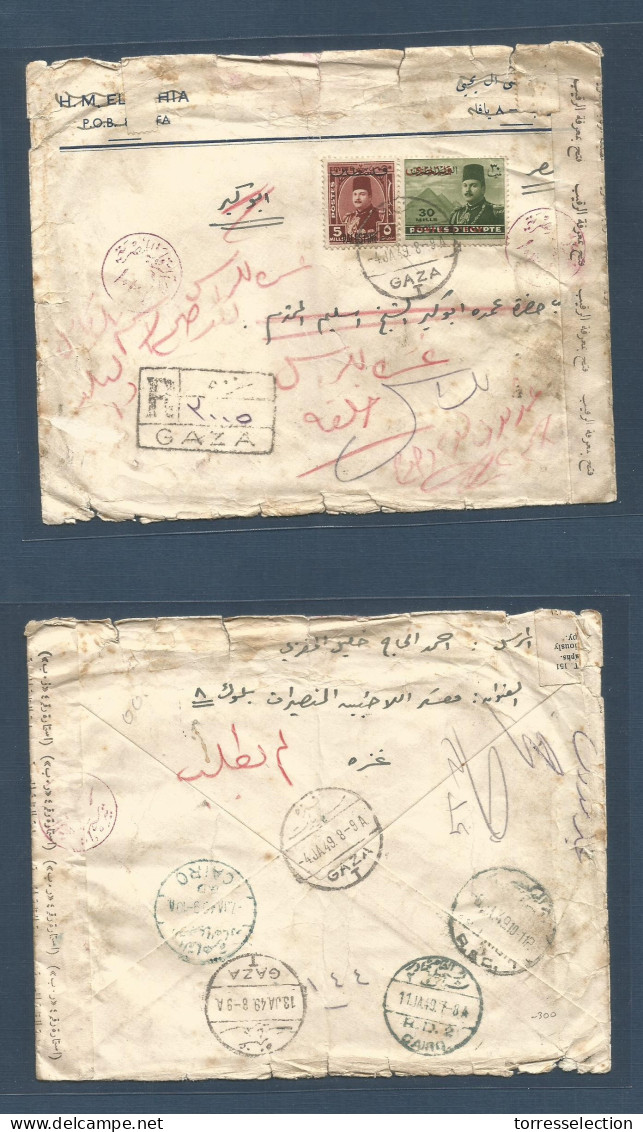 PALESTINE. 1949 (4 Jan) Gaza - Cairo, Fwded. Ovptd PALESTINE Issue. Registered Fkd Env At 35 Ms Rate, Reverse Proper Tra - Palestine